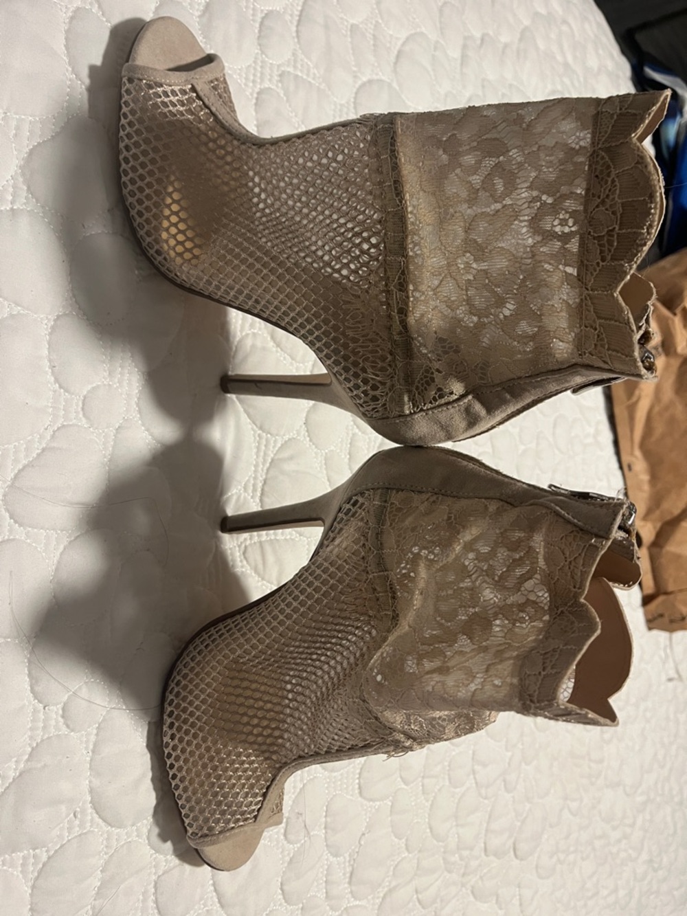 Lace & Mesh Peep-Toe Stiletto Ankle Boots - Taupe
